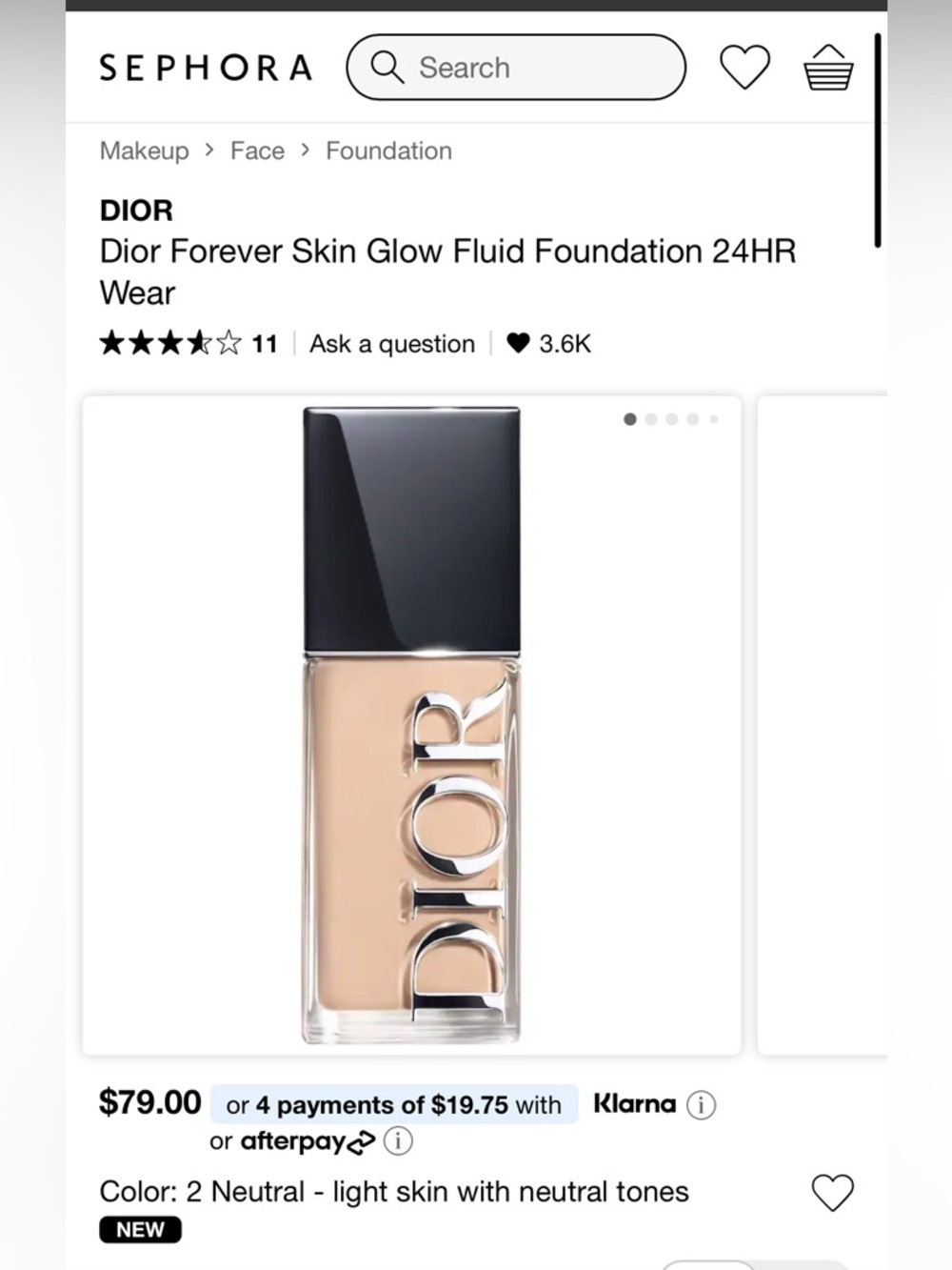 DDior Forever Skin Glow Fluid Foundation 24HR Wear 2N Old Packaging